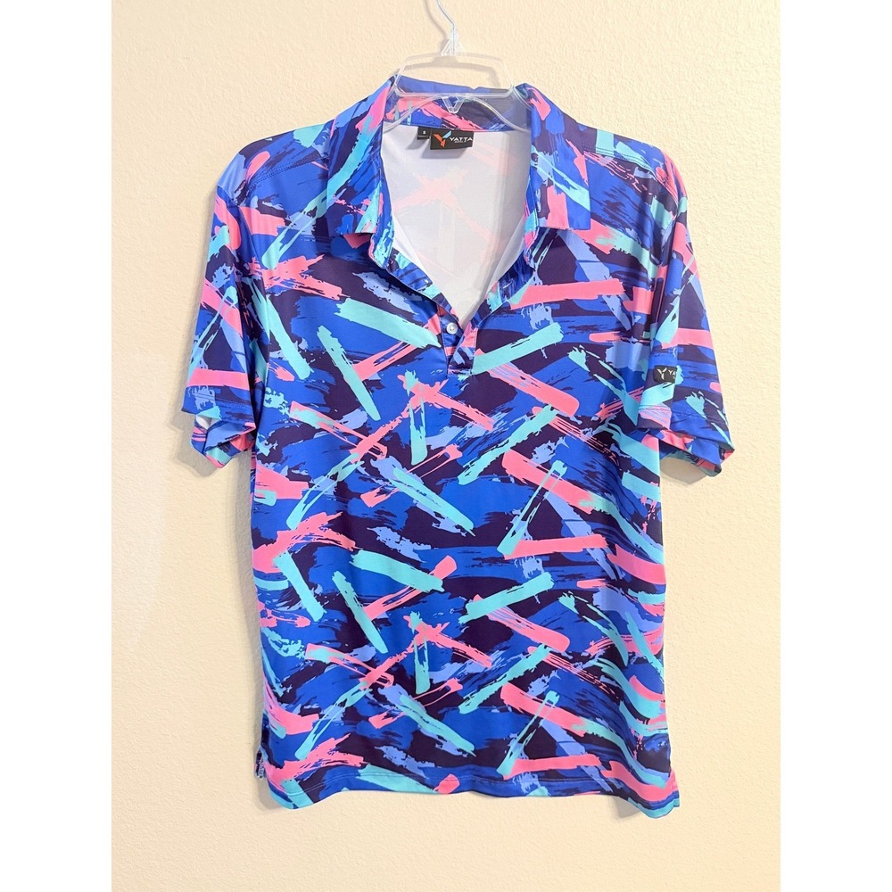 Yatta Golf Men's Blue Pink Teal Abstract Brush Stroke Polo Shirt Size Small
